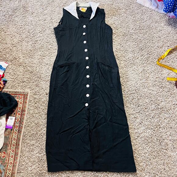 Vintage 90's Black Fitted Button Down Midi Dress M - Picture 4 of 4